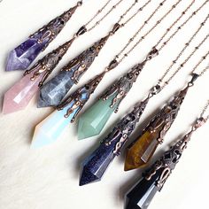 Beautiful Healing crystal stone Point Pendant Necklace You will receive one gemstone Pendant with Antique Rose Gold Plated Can choose just pendant or pendant with chain necklace 8 gemstone for choose: (from left to right) Amethyst Rose quartz Labradorite Opalite Green aventurine Blue Sandstone Tiger Eyes Obsidian Stock photo. These are natural so they all vary slightly Antique Rose Gold Plated Metal Pendant Measure approx. 16mm x 78mm Each one is unique. thank you! Rose Gold Crystal Necklaces For Jewelry Making, Avatar Script, Minerals Crystals Rocks, Tiger Eyes, Blue Sandstone, Large Crystal, Antique Roses, Large Crystals, Healing Stone