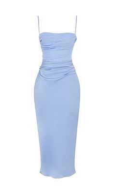 Our sky draped midi dress has an elegant and glamorous feel in a beautiful sky blue hue. Cut on the bias. it is made from our lustrous light silky satin so it drapes effortlessly over your curves. The bodice is cut from a semi sheer georgette and fitted with our incredible corsetry boning to cinch the waist. It has a zip to the back for easy on an is fully lined for a smooth and comfortable finish. The 'Regular Cup' option suits cup size A-C whilst the 'Bigger Cup' option suits size D-E. WHERE T Light Blue Graduation Dress, Blue Dress Flowy, Room Routine, Dresses Png, Draped Corset, Draped Midi Dress, Strong Font, Corset Midi Dress, Draped Midi Dresses