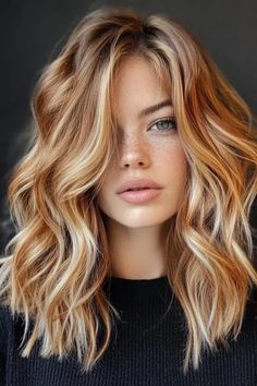 Ginger With Strawberry Blonde Highlights, Gold Auburn Hair, Highlighted Copper Hair, Strawberry Blonde Medium Length Hair, Cool Copper Hair Color, Hair Color Ideas Green Eyes, Caramel Ombre Hair Honey, Best Hair Colour For Pale Skin, Butterscotch Brown Hair