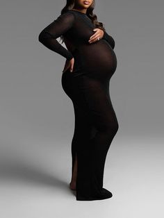 Momyknows Black Bright Wire Backless Cut Out Side Slit Bodycon Long Sleeve Photoshoot Maternity Maxi Dress Dress Backless Long, Maternity Sundress, Photoshoot Maternity, Maternity Nursing Dress, Maternity Midi Dress, Maternity Maxi Dress, Maternity Dresses For Photoshoot, Maternity Maxi