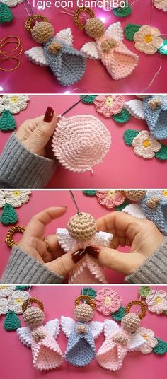 crochet angel ornament being worked on by someone using scissors and yarn