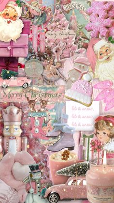 a collage of pink and white items with santa clause on top, snowman in the background