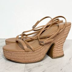 Marc Fisher Fetch Espadrilles Faux Leather Wedge Sandals 9.5 M >Never Worn More Than To Try On >Style: Fetch Sandal >Espadrille Platform And Heel >Round Toe, Ankle Strap With Buckle Closure >Color: Tan / Blush / Natural, Faux Leather >Size 9 1/2 M >Heel Height Is Approx. 4 3/4in >Platform Height Is Approx. 1 1/2in Please Remember That Color Can Vary From Different Devices. May Have Sticker Residue On Bottom Sole Or Footbed From Previous Tag Spring Synthetic Wedge Sandals With Open Heel, Summer Synthetic Wedge Sandals With 4-inch Heel, Spring Synthetic Wedge Sandals With Round Toe, Summer Wedge Sandals With 4-inch Heel And Round Toe, Beige High Heel Wedge Sandals With Padded Heel, Beige Wedge Sandals With Padded Heel For Summer, Spring Wedge Sandals With 4-inch Heel, Beige Block Heel Wedge Sandals For Spring, Beige Synthetic Wedge Sandals With Round Toe