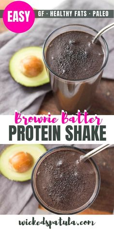 chocolate protein protein shake with an avocado on the side and text overlay