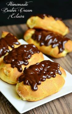 chocolate frosted boston cream cookies on a white plate with text overlay that reads homemade boston cream eclairs