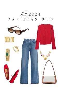 Red Bow Heels Outfit, Red Mary Jane Flats Outfit, Red And Denim Outfits, Red T Shirt Outfit, Red Accessories Outfit, Red Mary Janes Outfit, Bow Heels Outfit