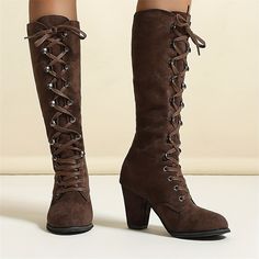 Category:Boots; Upper Materials:Faux Suede; Season:Fall,Winter; Heel Type:Chunky Heel; Gender:Women's; Toe Shape:Round Toe; Type:Knee High Boots; Style:Vintage,Elegant; Heel Height(inch):1-2; Outsole Materials:Rubber; Occasion:Daily; Closure Type:Lace-up; Listing Date:09/07/2023; Production mode:External procurement; 2024 Trends:Suede Shoes,Heel Boots,Lace Up Boots; Foot Length:; Foot Width:; SizeChart1_ID:2:183862; Size chart date source:Provided by Supplier.; Heel Height:Mid Heel Chunky Heeled Boots, Knee High Boots Winter, Womens Suede Boots, Slouchy Boots, Boots Women Fashion, Casual Heels, Suede Lace, Long Boots, Retro Stil