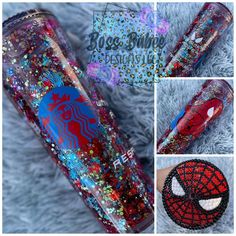 the spider - man tumbler is decorated with sequins and glittery beads