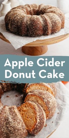 an apple cider donut cake with powdered sugar on top