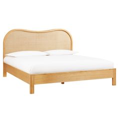 a bed with a wooden frame and headboard on it's side, against a white background