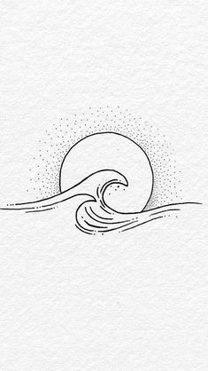 a black and white drawing of a wave in the ocean with an orange sun behind it