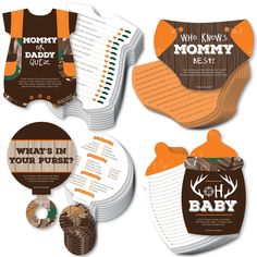 four different baby products are shown in this set, including bibs and diapers