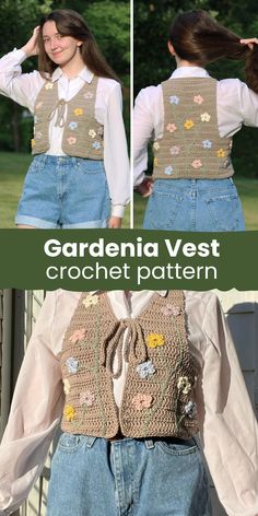 the back of a crocheted vest with flowers on it and text that reads, garden vest crochet pattern