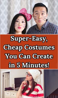 a man and woman with cat ears on their heads, text reads super - easy cheap costumes you can create in 5 minutes