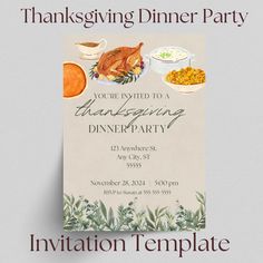 a thanksgiving dinner party flyer with an image of a turkey and other food on it