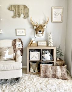 a living room filled with furniture and decor on top of a white fluffy carpeted floor