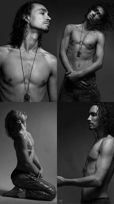 four different pictures of a man with long hair and no shirt sitting on the ground