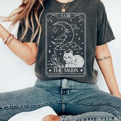 "Welcome to MindGardenx, we are so glad you've found us!  This vintage style Moon Tarot Shirt is trending right now as an oversized look. The comfort color style fabric is a rich heavyweight fabric that comes in weathered tones that get softer with age. We love the vintage look of this particular brand. Our tees are not only on trend but made with the best quality and comfort in mind. We know how it feels to get a cheap, scratchy, nasty t shirt so we have gone with what we think is the best. Com Coffee Skull, Tarot Shirt, Funny Tarot, Vintage Tarot Cards, Vintage Tarot, Hair Stylist Gifts, Zodiac Shirts, Comfort Colors Tshirt, Skull Shirt