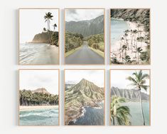 four pictures of the ocean and mountains with palm trees on each side, along with an island in the middle