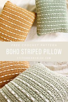 three crocheted pillows with text overlay reading free crochet pattern boho striped pillow