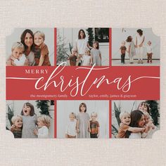 a christmas card with the words merry christmas on it and photos of people in different outfits