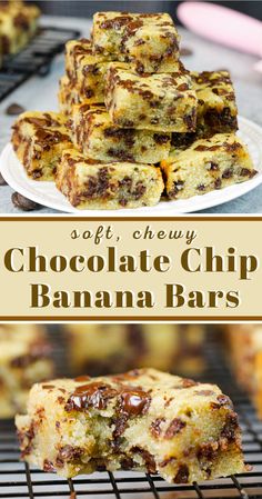 chocolate chip banana bars stacked on top of each other