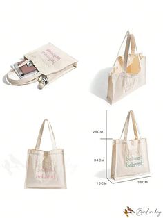 three different types of totes bags with the measurements and price guide for each bag