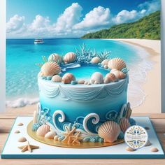 there is a blue cake with seashells on the bottom and an ocean scene in the background