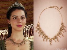 a woman wearing a tiara next to an image of a necklace and earring