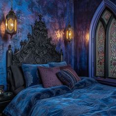 a bed in a room with blue and purple walls