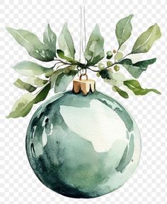 a watercolor christmas ornament with green leaves