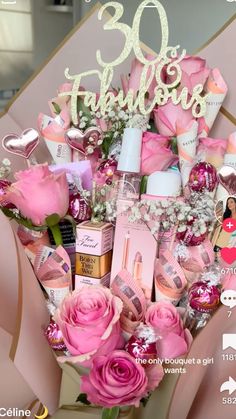 a bouquet of pink roses in front of a sign that says 30 th birthday on it