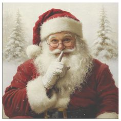 a man dressed as santa claus holding a pencil in his mouth and looking at the camera