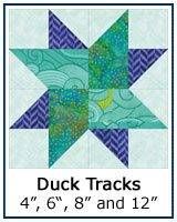 a quilt pattern with the words duck tracks and four pointed stars in blue, green and white