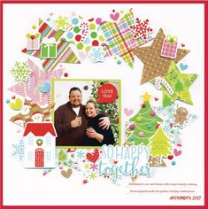 a scrapbook page with an image of a man and woman surrounded by christmas decorations