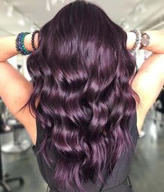 Plum Burgundy Wine Hair Color, Plum Hair On Brown Hair, All Over Dark Purple Hair Color, Dark Plum Hair Curly, Grape Colored Hair, Hair Color Plum Brown, Purple Brunette Hair Color, Dark Red Plum Hair, Dark Plum Hair Burgundy