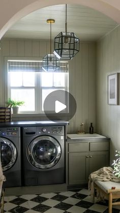 a washer and dryer in a room with checkered flooring on the floor