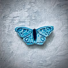 a blue butterfly sitting on top of a white cloth