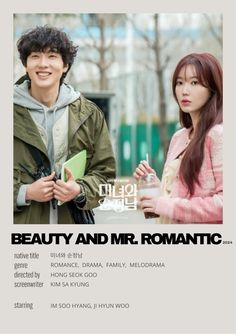 the poster for beauty and mr romantic shows two people standing next to each other in front of a building