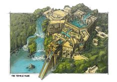 an artist's rendering of a castle in the middle of some trees and water