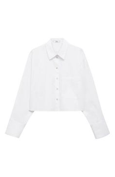 Honeyed mother-of-pearl buttons punctuate a crisp cotton button-up shirt that's completed by an oversized patch pocket on the chest. Front button closure Point collar Long sleeves Chest patch pocket 100% cotton Machine wash, line dry Imported Classic Cropped Shirt With Pockets For Spring, Classic Cropped Button-up Shirt With Button Cuffs, White Cotton Cropped Shirt With Button Closure, Classic Relaxed Fit Button-up Cropped Shirt, Button-up Cropped Shirt With Pockets For Work, Casual Long Sleeve Cropped Shirt For Office, White Button-up Cropped Shirt For Fall, Chic Button-up Cropped Shirt With Pockets, Classic Collared Cropped Shirt With Pockets