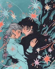 an illustration of two people embracing each other with stars in the sky above them and on the ground