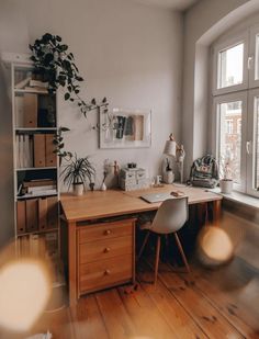 an office with wooden floors and lots of plants in the window sill next to it