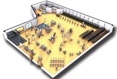 an overhead view of a gym with rows of exercise machines and people in the background