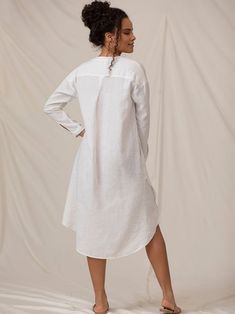 Linen Shirtdress by Sympli at Hello Boutique Casual V-neck Shirt Dress With Placket, V-neck Shirt Dress With Placket For Daywear, Casual Spring Linen Dress With Button Closure, Casual Linen Dress With Button Cuffs For Spring, Casual Linen Dress With Button Cuffs, Classic Linen Summer Dress For Daywear, V-neck Linen Dress For Workwear With Relaxed Fit, Classic Summer Linen Day Dress, Classic Linen Dress For Summer Daywear