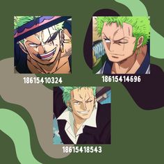 three different pictures of the same character from one piece of anime art, each with their own name