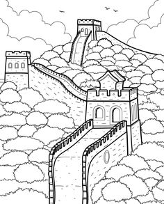 a black and white drawing of a castle in the clouds