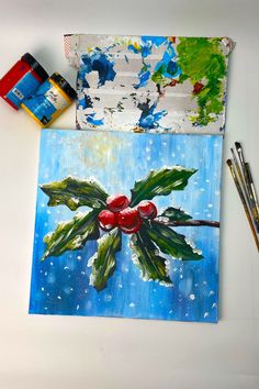 A Christmas painting on canvas of mistletoe with red berries and green leaves, capturing the festive holiday spirit. Picture Board, Christmas Picture