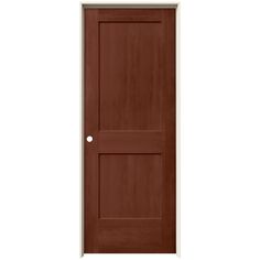 a brown door with two white knobs on the front and side panels, against a white background