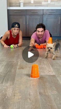 two people laying on the floor with a dog and an orange cone in front of them